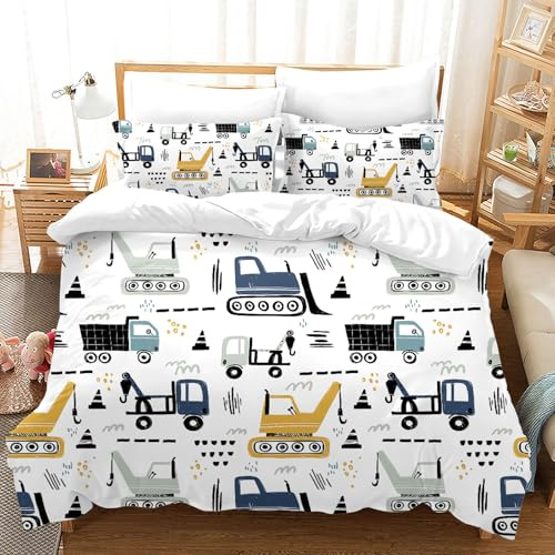 Ropa de cama infantil de 135 x 200 cm, diseño de excavadora, tractor y coches, diseño de dibujos animados en 3D, juego de ropa de cama para niños y niñas con funda de almohada (A-1, 135 x 200 cm)