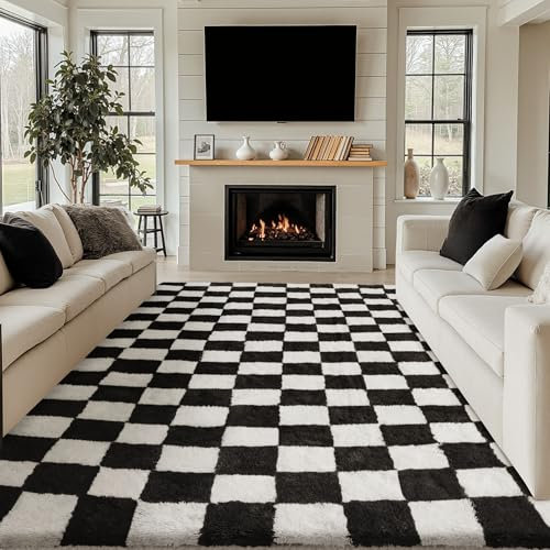 HUGEAR Alfombra Salon 200x300cm Pelo Largo a Cuadros Grande Negro Blanco Suave Alfombras Antideslizante Modernas Habitacion Juvenil Pie de Cama Exterior Dormitorio Comedor Salón Cocina