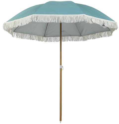 Outsunny Parasol de plage mât effet bois Ø 1,7 m, grand parasol à franges réglable en hauteur, avec protection solaire UPF50+, légère sac de transport inclus, bleu clair