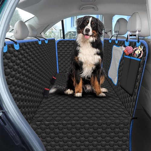 Fur & Bone Dog Car Seat Cover - Scratchproof Car Seat Protector – Waterproof Backseat Cover for Cars – Nonslip Dog Accessories with Mesh Window – Universal Fit for Cars, Trucks, SUVs – Black & Blue