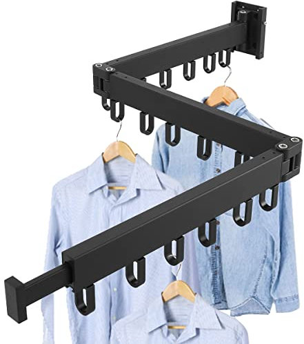 Stendibiancheria da parete, 120 cm, 3 scomparti, piegati, a parete, allungabile, forte capacità di carico con 18 ganci, pieghevole, da parete, per cucina, soggiorno, balcone, bagno (1 nero)