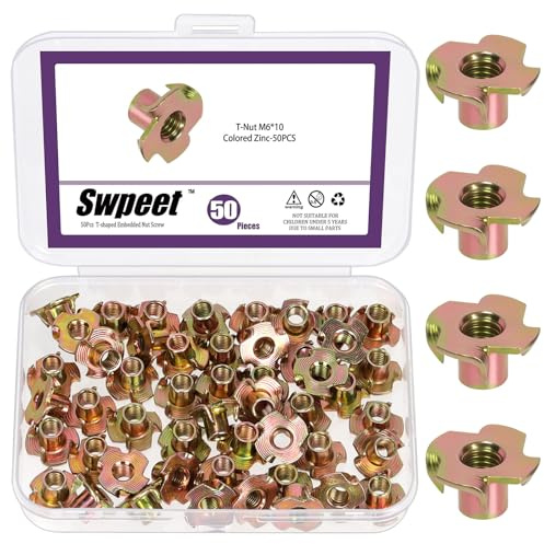 Swpeet 50pcs M6 × 10 färg zinkpläterad T-muttrar, 4-spikig Tee mutter, gängade infogar, Bolt Dropper T-mutter trä infoga för möbler, skåp, trä, klittring håller