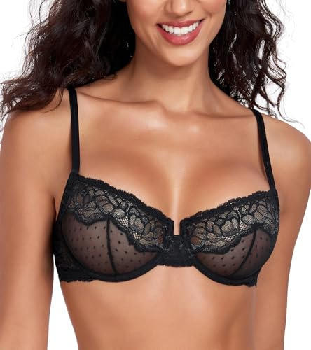 Lemorosy Women's Sexy Lace Demi Sheer Mesh See Though Balconette Unlined Underwire Non-Padded Everyday Bra(Black,38B)