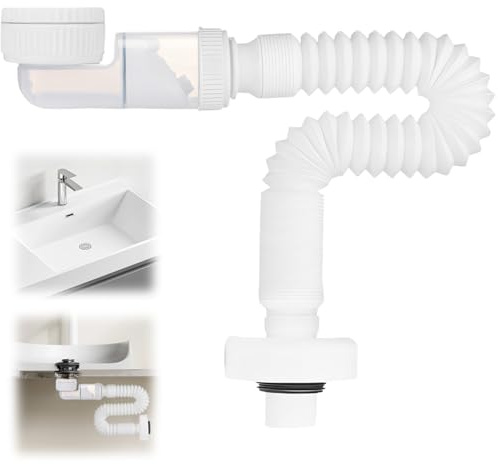1 1/4 Inch Flexible Waste Pipe with Siphon System, Space-Saving Adjustable Drain Down Hose, Extensable Odour-Proof Sink Plumbing Parts, Universal Waste Trap Connector for Kitchen, Bathroom, Wash Basin