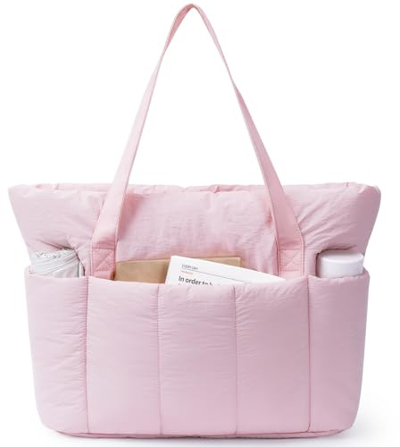 Narwey Bolso Tote Mujer Acolchado Grande, Puffer Tote Bag de Trabajo y Deporte con Cremallera y Compartimentos para Portátil, Bolso de Mano y Hombro Ligero para Escuela, Universidad y Viaje (Rosa)