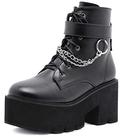 Botines Militares Plataforma Tacón Alto para Mujer Cordones Botas De Combate Fiesta Club Gótico Botines con Cremallera,Negro,42 EU