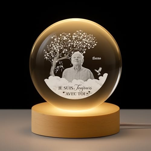 Cadeau Plus Boule De Cristal Personnalisée Commémorative avec Photo - Toujours avec Toi - Boule Cristal, Boule a Neige Personnalisable, Lampe personnalisée avec Photo, Boule Lumineuse LED (Modèle 1)