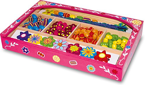 small foot 1982 Fädelspiel Fädelschmuck aus Holz, mit Blumenelementen und Perlen, in bunter Schatulle, ab 3 Jahren