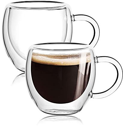 Wells 2 Pack 70ml Clear Espresso Cups with Handle for Espresso Machines Double Walled Insulated for Tazas de Cafe Expreso Microwave Safe Dishwasher Safe