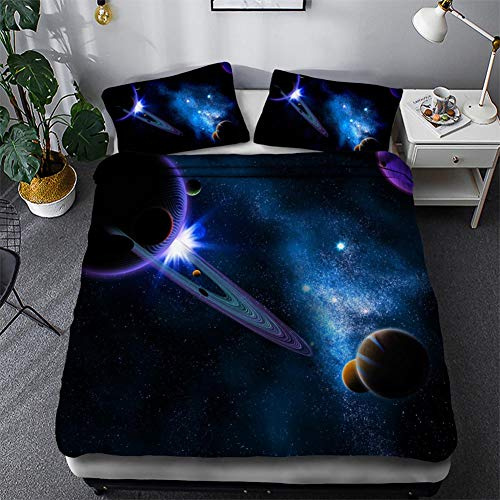 Timiany Sängkläder 3D Galaxis mikrofiber påslakan 155 × 200 sängkläder set 3 delar, påslakan med dragkedja och 2 örngott 50 x 75 cm (yttre utrymme, 155 x 220 80 x 80)