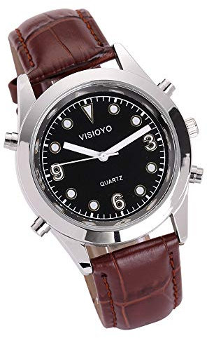 VISIONU Reloj Parlante en Español, Reloj de Pulsera,Esfera Negro (Marrón Correa de Cuero TSSB-2303S)