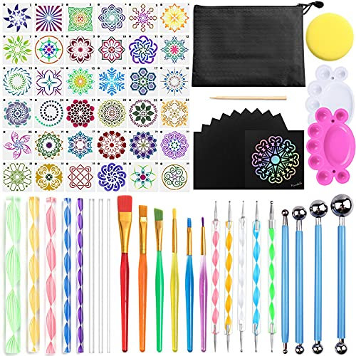 Amzeeniu Kit Mandala Set 74 Strumenti Include Pittura Roccia, Stencil, Aste Acriliche, Strumenti Punteggiatura per Disegno Artigianato Nail Art DIY