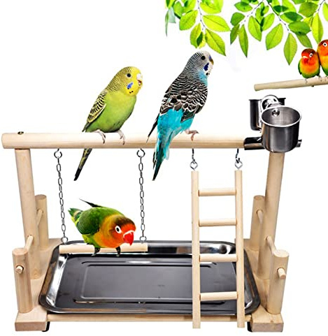 RoseFlower Supporto per Uccelli in Legno, Pappagallo Parco Giochi, Palestra/Set di Giocattoli, Trespolo per Pappagalli, Supporto per Pappagallo Portatile da Tavolo, con Posatoi, Scale, Vassoio