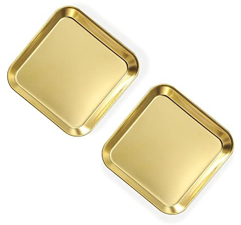 Paquete de 2 platos llanos de acero inoxidable, plato de metal grueso para alimentos, bandeja cuadrada pequeña para aperitivos, galletas, filetes, postres, ensalada dental (dorado)