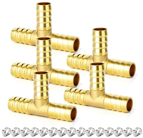 ERGAOBOY 5 Pcs 8mm Brass Hose Barb Tee, 3 Way T Shaped Hose Fitting with 15 Pcs Clamps