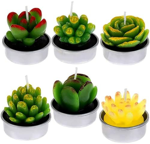 JIAMIAN 6 Pezzi Candele di Cactus Tea Light Fatto a Mano Delicato Succulento, Verde Carino Mini Piante Grasse Profumate per Decorazione Casa Regalo