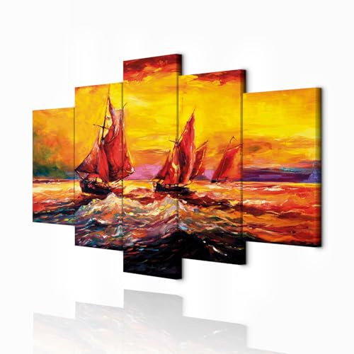 decomonkey Cuadro Lienzo Mar Abstracto Barco como 150x75 cm 5 piezas
