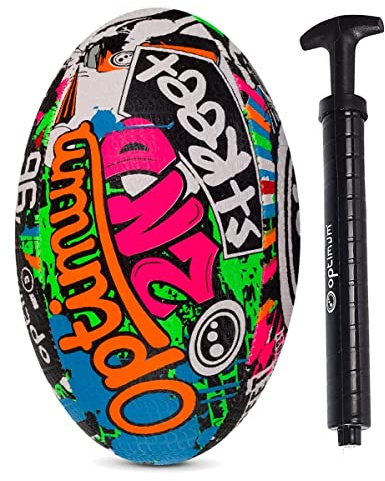 Optimum Street Rugby Ball & Ball Pump, Training Ball for Playground & Park Sessions, Highly Visible for Night Games with Enhanced Grip Texture, For All Ages & Skill Levels - Multicoloured, Size 5