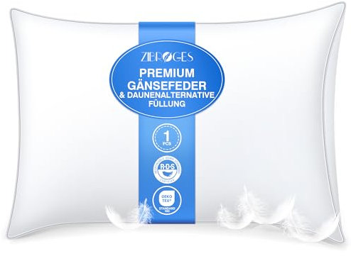 Zibroges Deluxe Daunenkissen 40x80cm mit Dreifacher Komfortschicht - Deutsches Design - Hygienisches Federkissen mit 100% Hochwertiger Weicher Füllung, Waschbar und Umweltbewusst