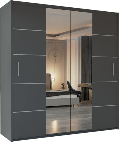MN Furniture Sliding Wardrobe with Full Mirror Doors, Shelves & Hanging Rails, Space Saving Bedroom Storage, White Black Grey Oak (Grey, 203cm)