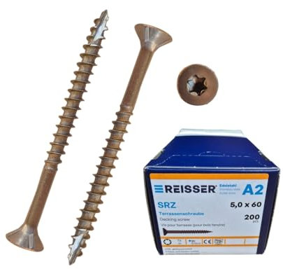 Boîte 200 Vis inox pour Terrasse bois - Revêtement Antique avec enduit glissant - Tête fraisée - 5 x 60 mm - Filetage partiel - Torx TX25 - Acier inox A2 - Embout inclus