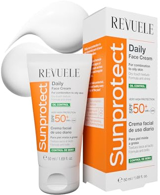 REVUELE Crème Visage Quotidienne SunProtect – Contrôle du Sébum, SPF 50+ – Protection Solaire Haute avec Effet Matifiant, Hydratante et Anti-Brillance, 50 ml