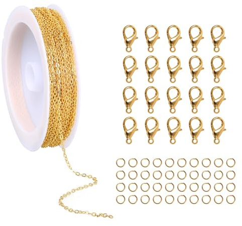 Styquenzer 10 meter guldkedja för smyckestillverkning, metallarmband, halsband, länkkedjor med 40 st hummerlås, 80 st bindringar för gör-det-själv-halsband, armband, smyckestillverkning, tillbehör