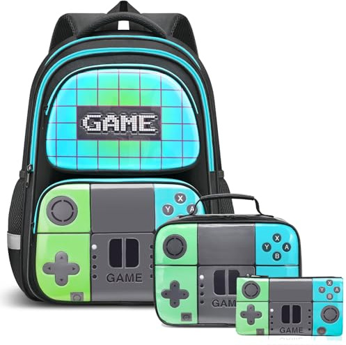 Beaulyn Boys School Backpack Set,3Pcs Gamer Boys Backpack and Lunch Bag Pencil Case,Gaming School Bag Set For Primary Secondary,17″Video Game Rucksack For Boy Kids