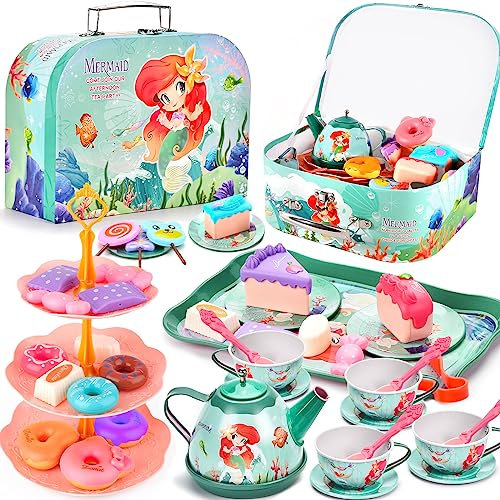 FAMKEEP 48 Pcs Teeservice Kinder,Meerjungfrau Spielzeug Tragekoffer,Tee Set Teeservice mit Dessert,Tea Party Set Kids,Teeservice Kinderküche für Kinder Mädchen 3 4 5 6 7 8 Jahren