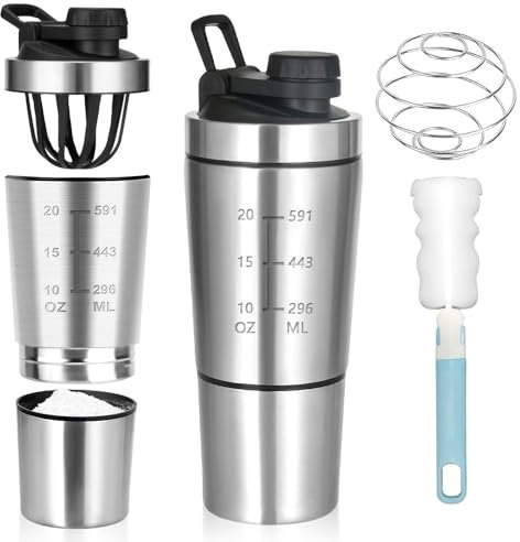 KBIBCK Shaker per Proteine in Acciaio Inox, 600+200ML Shaker per Proteine Fitness con Scomparto per Polveri, Senza BPA, per Palestra, Allenamento, Fitness, Sport