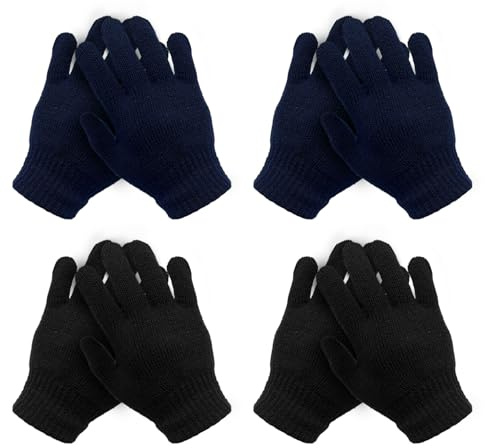 TUONYIS Gants Magiques pour Enfants - 4 Paires en Tricot Extensibles et Chauds D'hiver pour Garçons Filles 4-11 Ans (Noir, Bleu Marine)