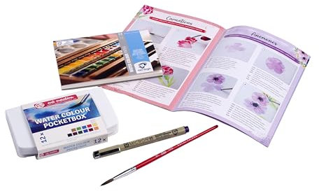 Talens Royal Floral Watercolour set für starters, Aquarellfarben set, Wasserfarbkasten 12 farben, van Gogh aquarellpapier, Sakura Pigma Micron Fineliner, Aquarellpinsel, watercolor brush