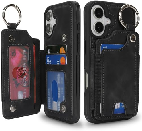 SailorTech Fodral till iPhone 16 Plus telefonfodral med nyckelring ring kreditkortshållare för kvinnor, iPhone 16 Plus läderfodral plånbok med ställ kortfack, fashionabelt fodral för män – svart