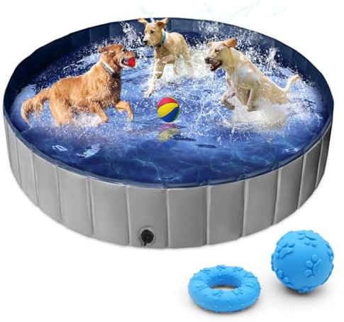 Piscina per cani extra large da 160 cm – resistente piscina pieghevole per animali domestici con valvola di scarico e giocattoli da masticare, vasca per cani antiscivolo per più cani/bambini