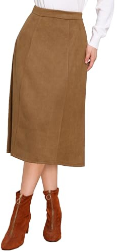 Allegra K Faux Suede Midi Skirts for Women's Work Casual Fall Winter A Line Skirt Trendy Brown M