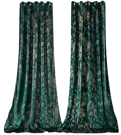Happy Homewares Forest Green and Gold Foil Blackout Curtains - 46 x 63 Inch Drop - Elegant Eyelet Curtains with Soft Texture - 2 Panels for Bedroom or Living Room