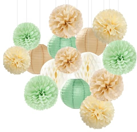 FAINCA 15 Piezas Pompones para Colgar Farolillos de Papel 20 cm 25 cm Flores de Papel Decoracion Fiesta Decoracion Cumpleaños para Bodas Graduaciones Cumpleaños Baby Showers (Blanco Verde Caqui)
