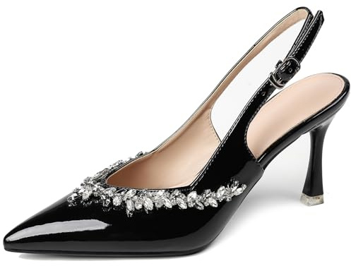 Eestfy Dam slingback högklackade pumpar spetsig tå patent läder stilettskor slip-on klänningsskor för kväll fest och bröllopsceremoni, Svart 5 cm, 39 EU