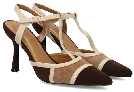 100550 Zapato destalonado de mujer con tacon alto fino y elegante, combina diferentes texturas y tiras finas que recorren el empeine, pulsera trasera con cierre ajustable de hebilla. Cafe Talla 40
