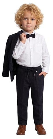 Suit for Boys | 100% Cotton 4-Piece Flexible Comfortable Lycra Fabric Set Shirt, Pants, Jacket, and Bow Tie | with Spandex Party and Formal Wear for Boys Black