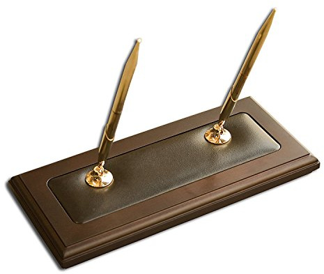 DACASSO Walnut & Leather Double Pen Holder - Luxury Pen Stand With Rolling Ball Pens - Elegant Pen Organizer & Executive Desk Decor - (3 Piece Set)