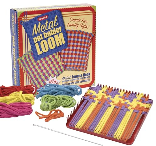 Schylling Metal Pot Holder Loom Kit - Classic Durable Weaving Frame to Make Pot Holders - Includes Loom, Hook, Instructions, and 80 Colorful Cotton Loops - Ages 5 and Up