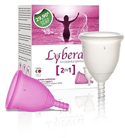 Lybera - Kit 2 Coppette Mestruali Made in Italy, Coppetta Mestruale Morbida, Sicura, in Silicone Medicale, Ecologica, Comoda, Taglia 1 x 2 Pezzi, Trasparente e Fucsia