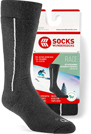 Wundersocks Skisocken & Skitouren für Herren und Damen [Made in Italy] 78% Merino Wolle, mulesingfrei, warme Funktionssocken, leicht gepolsterte Kniestrümpfe RACE (44/46, Schwarz)