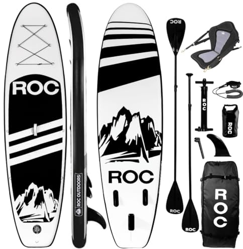 Roc Inflatable Stand Up Paddle Boards with Premium SUP Paddle Board Accessories, Wide Stable Design, Non-Slip Comfort Deck for Youth & Adults (Black W/Kayak Seat)