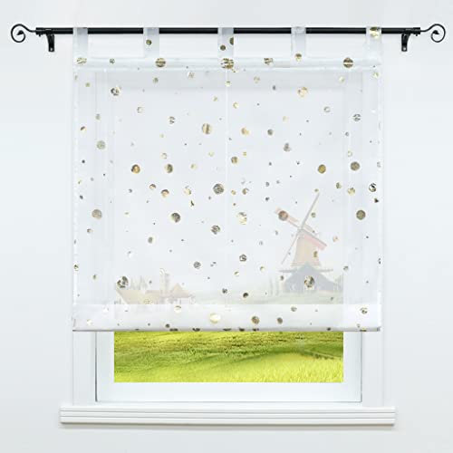 CORLIF Voile Raffrollo mit Schlaufen Küche Raffgardinen Transparente Gardine mit Glanzdruck Wohnzimmer Raffrollos Modern Gold BxH 120x150 cm 1 Stück