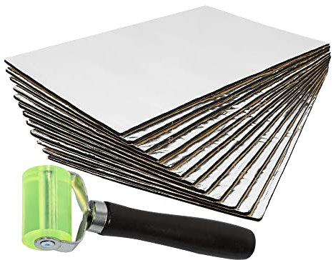 sourcing map Tapis d'isolant Phonique 5mm Voiture Porte Isolation Thermique Capot Moteur Coffre 12pcs 50x30cm avec Outil Rouleau