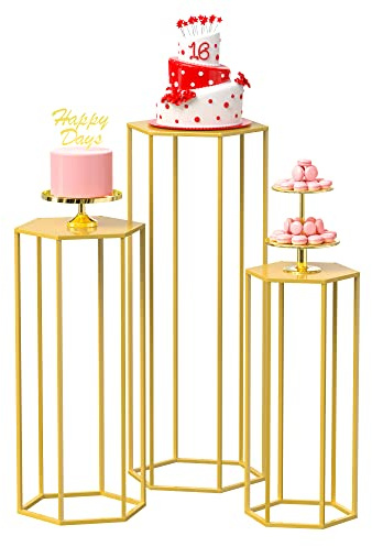 Supporto per piante esagonale in metallo, 90 cm, set di 3 piedistallo in metallo, supporto per fiori da sposa in oro, per soggiorno, interni, patio, decorazione per matrimoni H23/27/35