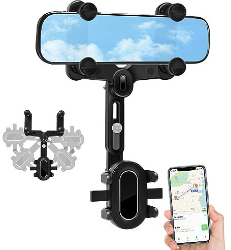 Sweetone Soporte para Teléfono con Espejo Retrovisor, 360 Giratorio y Retráctil Soporte Movil Coche, Universal Soporte Teléfono Coche, Porta Movil Coche para Todos los Smartphones
