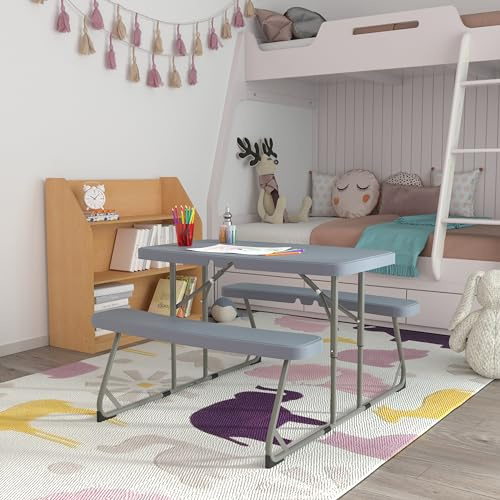 EMMA + OLIVER Aryka Kid's Folding Picnic Table with Benches - Waterproof - Stain & Impact Resistant - Folds Flat for Storage - Gray Plastic Tops - Gray Frame